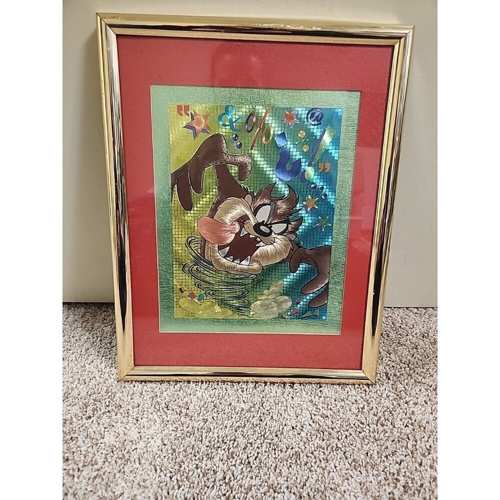Vintage 1996 Looney Tunes Framed Foil Art Tasmanian Devil Taz Wall Decor